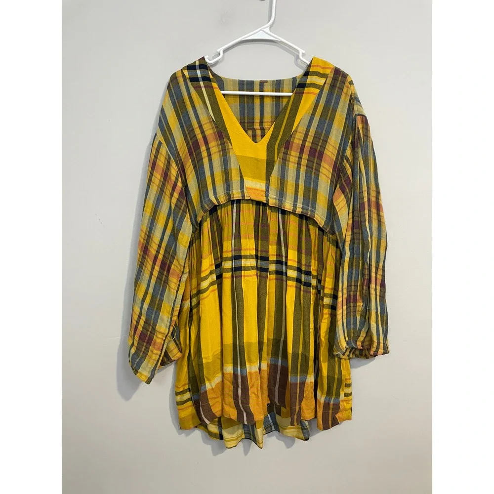 Free People Falling Stars Yellow Plaid Mini‎ Dress Size Small Bohemian Casual